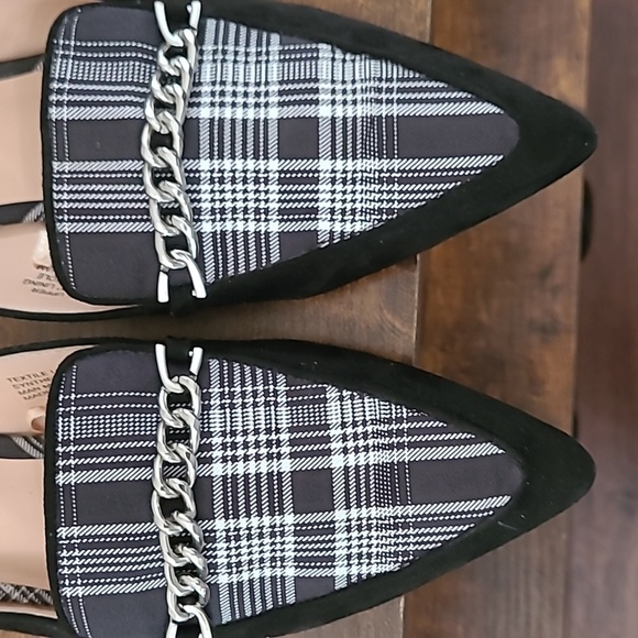 Ann Taylor Factory Black Suede Loafer Mules with Plaid & chain design size 8 - Picture 5 of 10